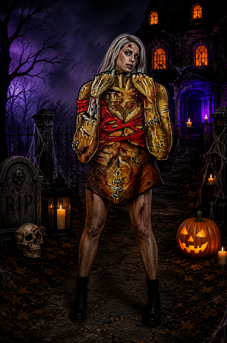 Painel de Zumbi Feminino p/ Fotos Terror Halloween - 64x46cm
