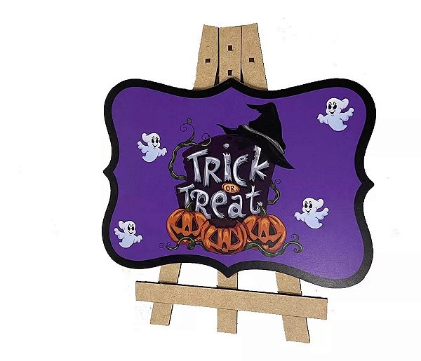 Display MDF Lousa Roxa Trick Or Treat Halloween 28cm x 20cm