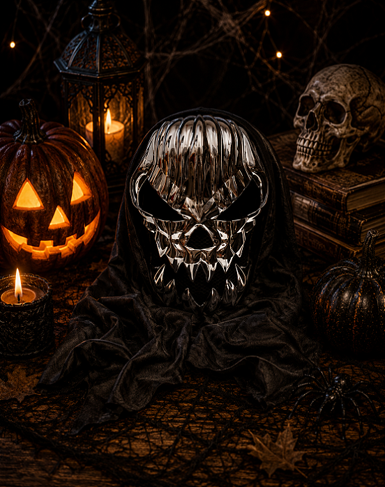 Máscara Caveira Abóbora C/ Capuz Halloween Metalizada - Prata