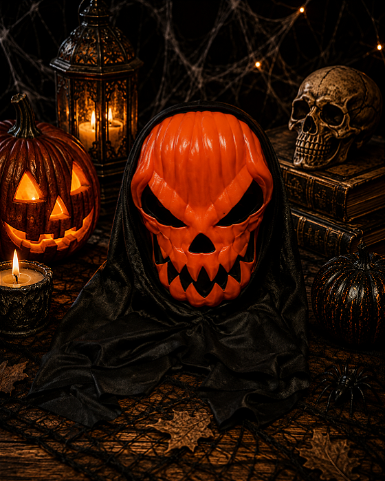 Máscara Caveira Abóbora C/ Capuz Halloween Metalizada - Laranja