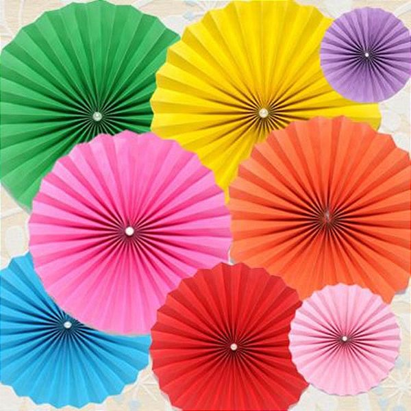 Kit Leques Enfeite de Papel Coloridos - 6 Unidades (2 unds de 40cm + 2 unds de 30cm + 2 unds de 20cm)
