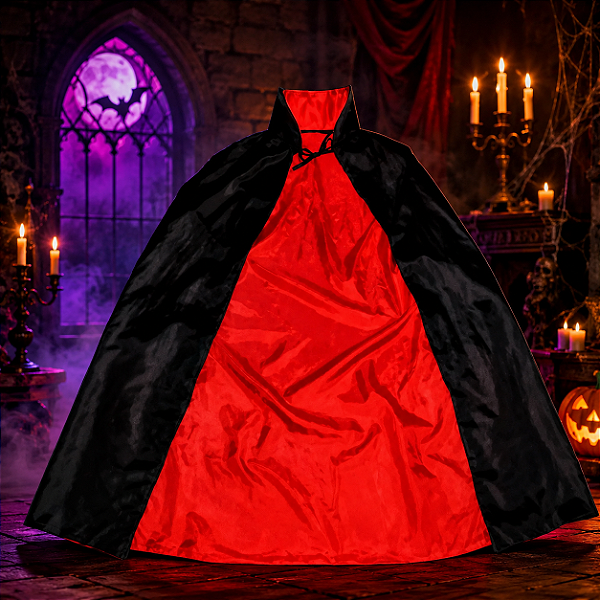 Capa Mago Vampiro Adulto 120cm Halloween - Modelo Dupla Face Vermelha e Preto
