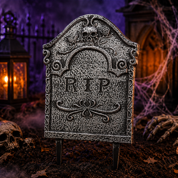 Lápide Rip Halloween de Plástico Com Suporte p/ fixar no Jardim - 24cm x 40cm