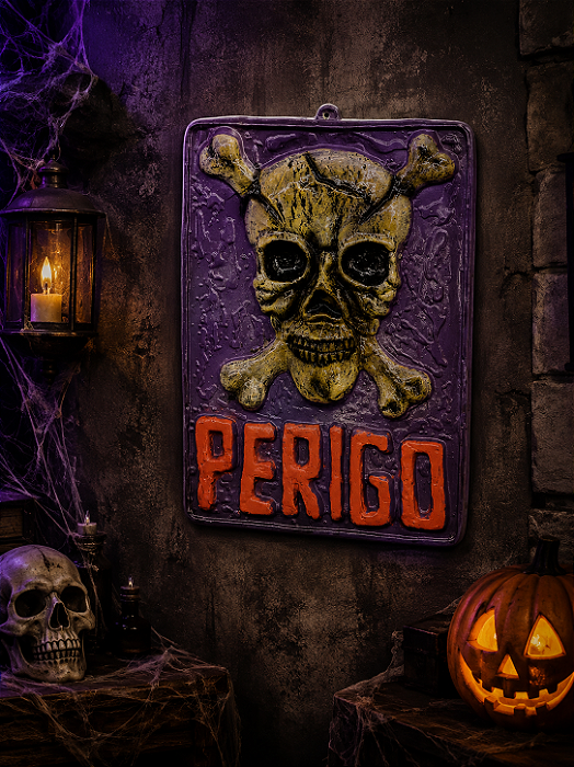 Placa Decorativa Perigo Caveira do Terror Halloween - 72cm x 50cm