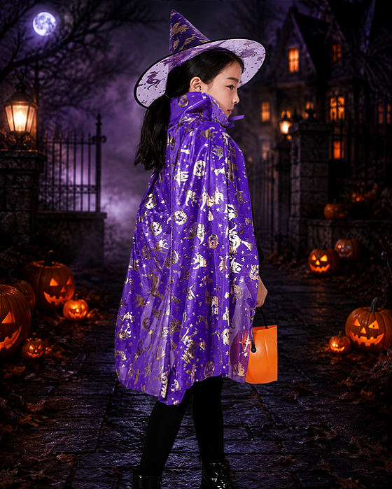 Capa Infantil com Estampas de Halloween 90cm - Roxa