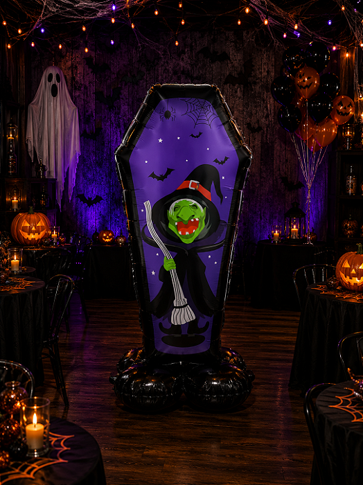 Balão de Festa Metalizado 99cm - Bruxa no Caixão Halloween - 99x57 cm