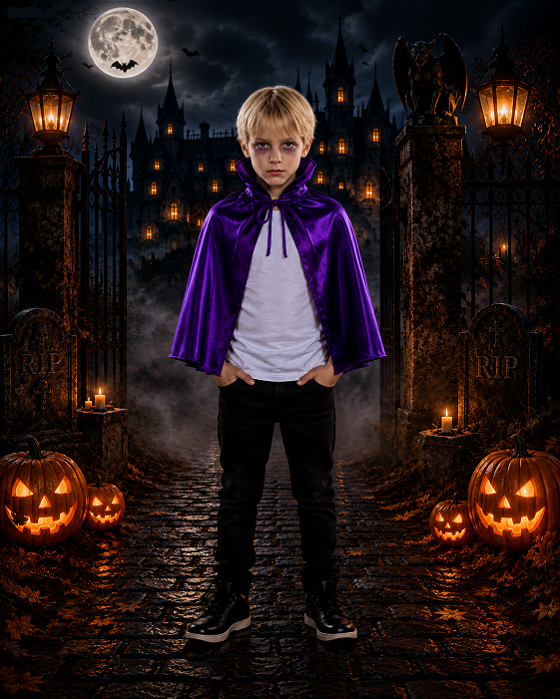 Capa Infantil Metalizada Roxo Halloween - 72cm