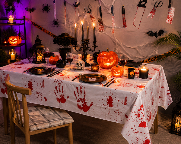Toalha Plástica De Mesa Principal Ensanguentada Halloween - 2,60 x 1,30M