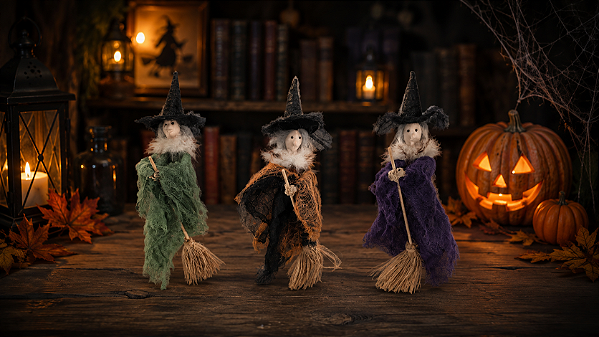 Mini Bruxa na Vassoura para Decoração Halloween – 28 x 15 cm (Modelos Sortidos) - 1 Unidade