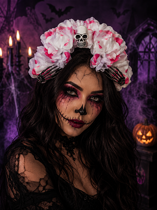 Tiara Halloween Rosa Branca com Caveira