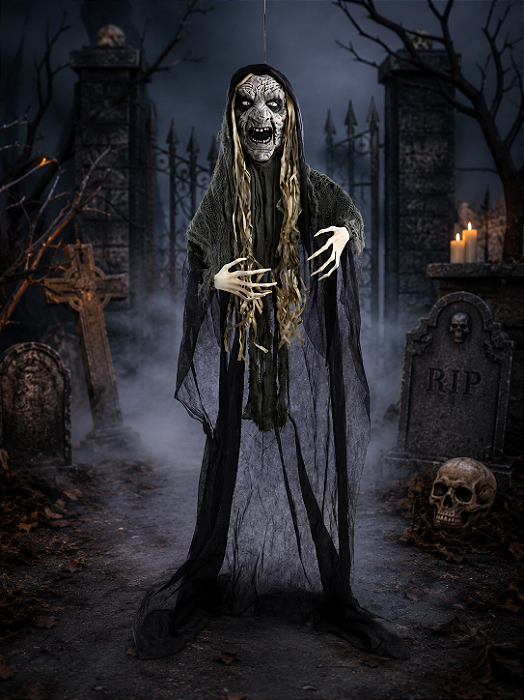 Enfeite Bruxa Petrificada com Luz Som e Movimento Halloween - 180cm