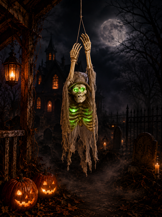 Caveira com Chapéu Don Halloween com Sensor, Luz e Som – 100cm
