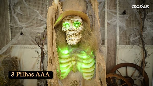 Caveira com Chapéu Don Halloween com Sensor, Luz e Som – 100cm