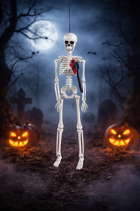 Decoração de Halloween Esqueleto com Faca no Peito para Pendurar - 40cm