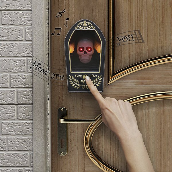Campainha de Porta Halloween Caixão com Caveira e Som | Efeito Assustador!