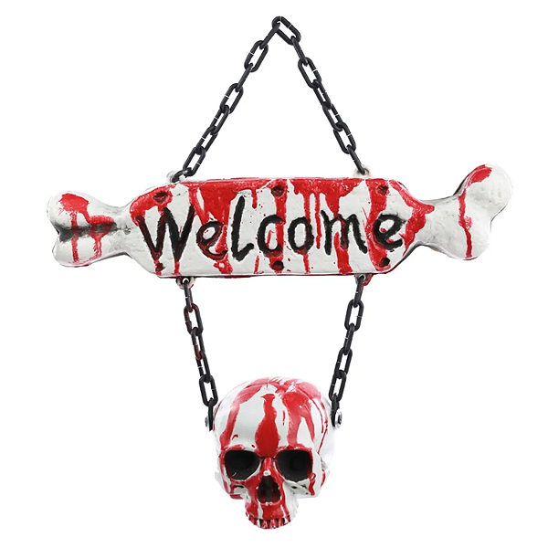 Placa de Porta com Caveira Welcome Branco Halloween - 1 Unidade