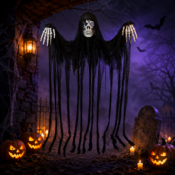 Enfeite Decorativo de Halloween - Caveira Austin Cortina com LED - 225cm