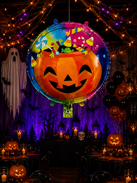 Balão Metalizado Abóbora Halloween - Inflado com Ar e Gás Hélio