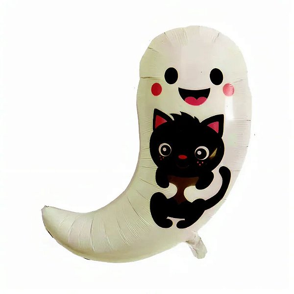 Balão Metalizado em Formato Fantasma com Gato Halloween 50 x 79 cm - 1 unidade