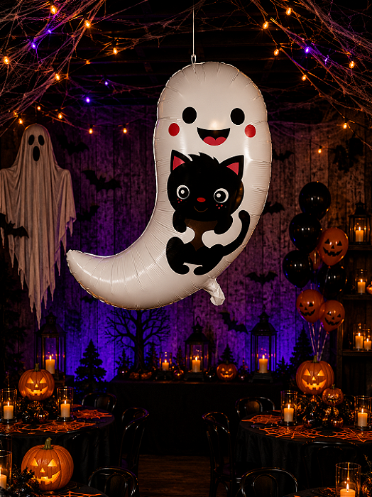 Balão Metalizado em Formato Fantasma com Gato Halloween 50 x 79 cm