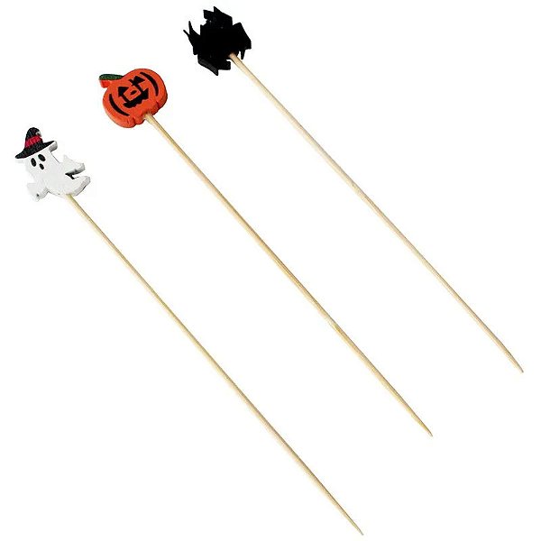 Palitos Decorativos de Madeira Halloween Abóbora 12cm - Modelos Variados - 20 unidades