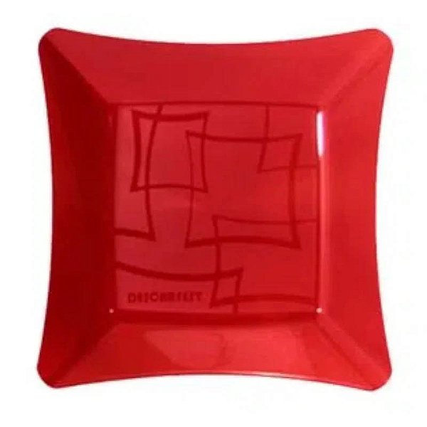 Prato Quadrado 21cm - Vermelho Translúcido - Acrílico - 10 Unidades