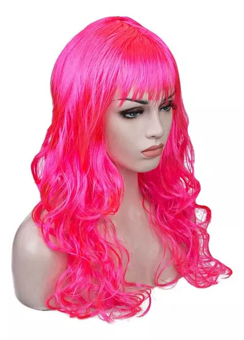 Peruca Cabelo Comprido Encaracolado Pink para Festas