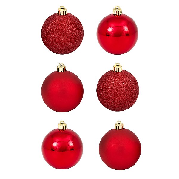 Kit 6 Bolas de Natal Lisa/Fosca/Glitter 6cm Vermelha - 6 Unidades