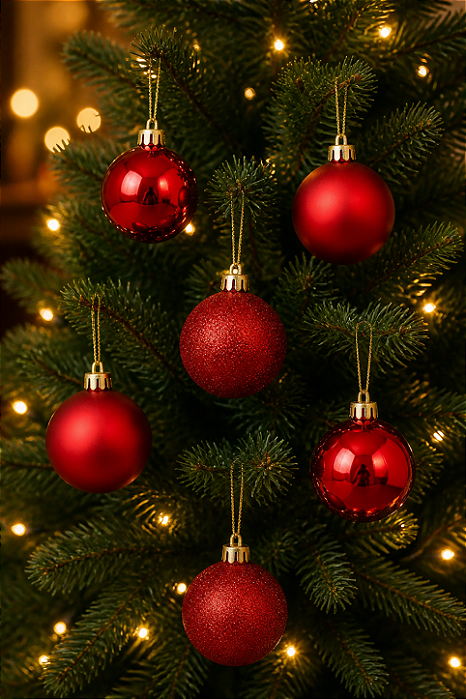 Kit 6 Bolas de Natal Lisa/Fosca/Glitter 6cm Vermelha - 6 Unidades