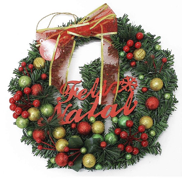 Guirlanda Com Enfeite Natal Porta Natalino 33cm Frutos Bolas Laços Decoração Decorada