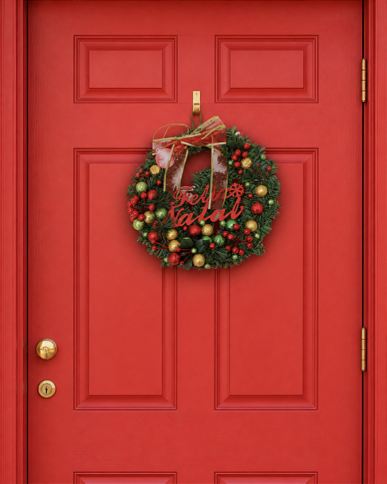 Guirlanda Com Enfeite Natal Porta Natalino 33cm Frutos Bolas Laços Decoração Decorada