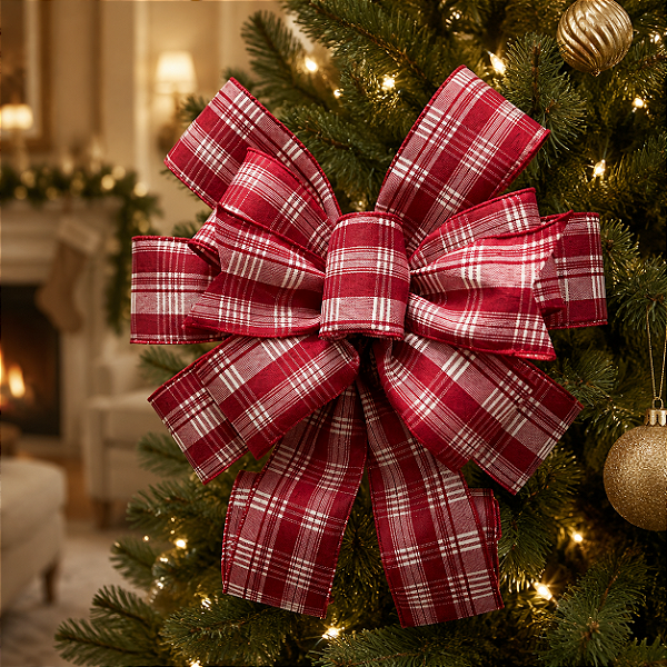 Laço De Natal Xadrez Vermelho - 78x28cm