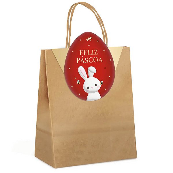 Sacola De Papel Com Fechamento Ovo Feliz Páscoa Vermelho - 22cm x 15cm - 1 Unidade