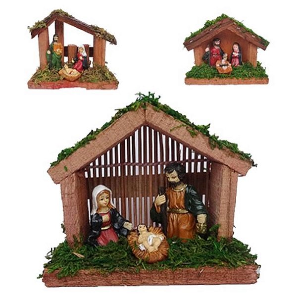 Presépio De Madeira Com Bonecos Resina 11x8,5x4cm - Modelos Sortidos - 1 Unidade