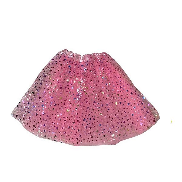 Saia De Tule Rosa Com Brilho Glitter - 40cm