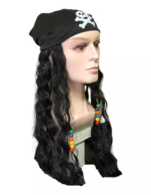 Peruca Pirata Luxo com Bandana e Miçangas – Cabelo Sintético 55cm