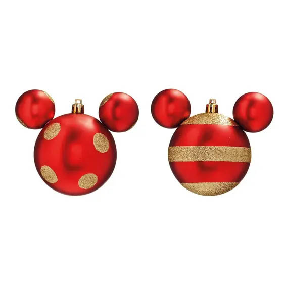 Bola de Natal Mickey com Glitter Vermelho e Dourado – 10cm – 2 Unidades