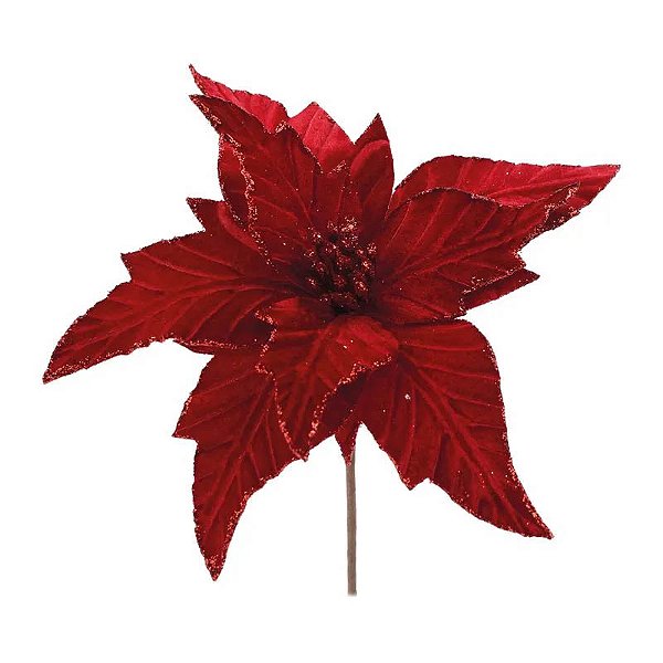 Flor Poinsettia Vermelha com Glitter de 26cm