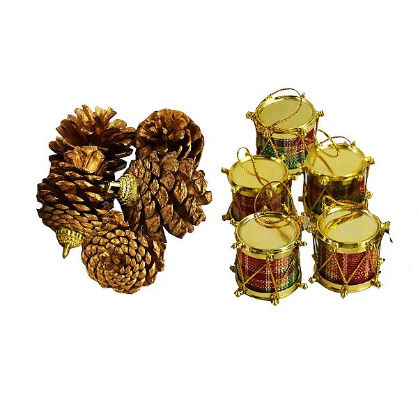 Kit Enfeite De Natal Pendente Pinha e Tambor - 10 Unidades