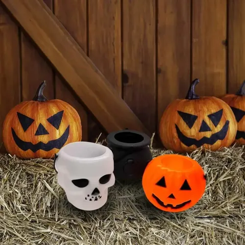Trio Mini Balde Halloween – Abóbora, Caveira e Caldeirão | 6x8cm