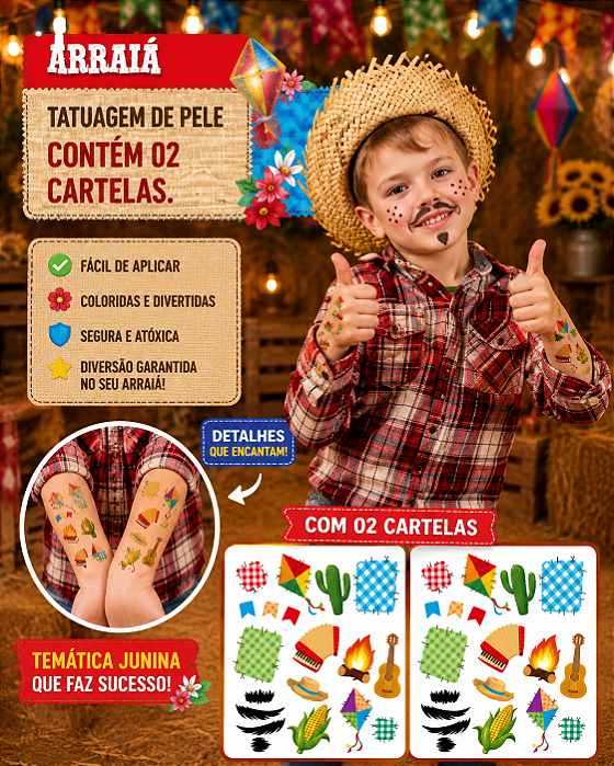 Tatuagem de Pele c/2 Cartelas – Diversão Garantida para sua Festa Junina!