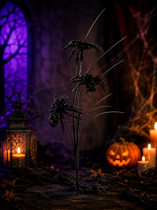 Flor Artificial com Aranha Halloween – 57cm | Decoração Sombria
