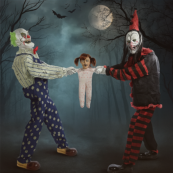 Palhaços Plínio e Niko – Bonecos Halloween com Som, Luz e Movimento 🔊👀🎃 | Assustadores e Realistas!