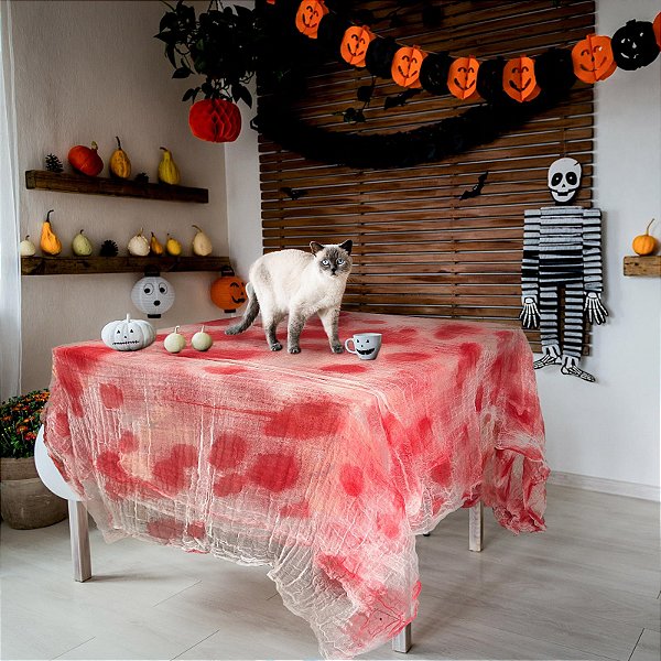 Toalha de Mesa Sangrenta Halloween – Estampa Gaze de Sangue – Decoração Assustadora
