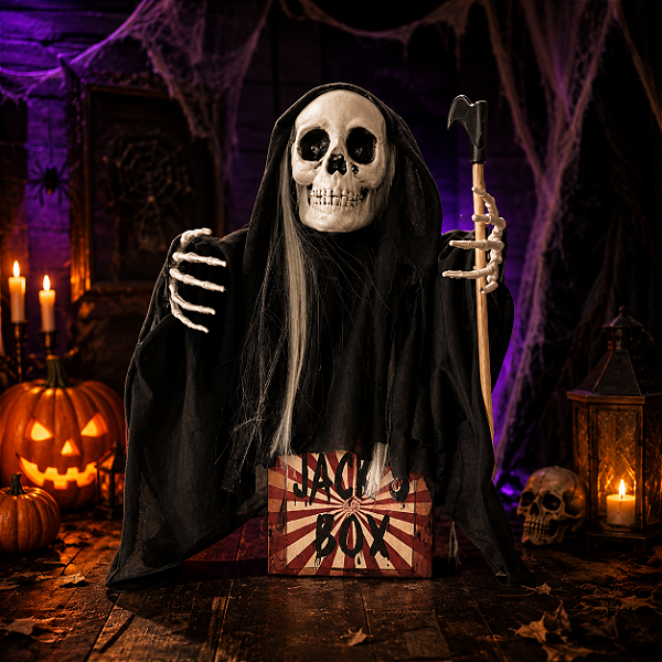 Enfeite Halloween Jack in the Box – Surpresa Sinistra com Luz, Som e Movimento!