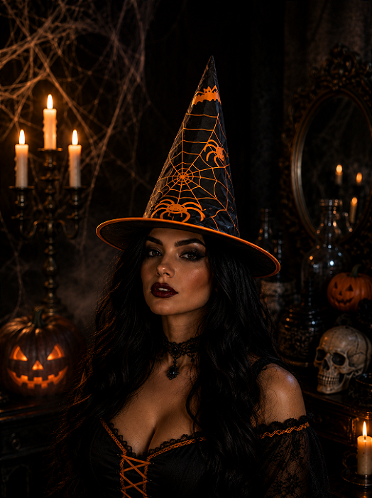 Chapéu de Bruxa Tradicional com Teia de Aranha – Halloween e Fantasias