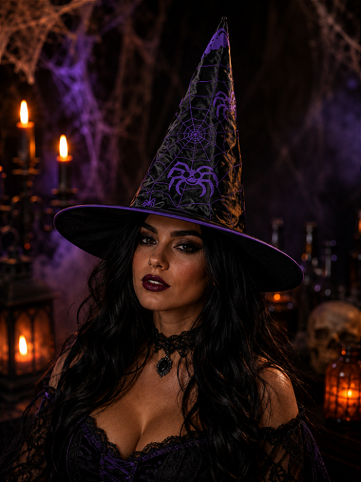 Chapéu de Bruxa Tradicional com Teia de Aranha Roxo – Halloween e Fantasias