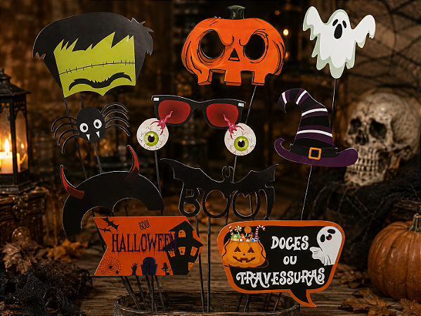 Plaquinhas Divertidas para Fotos de Halloween – 10 Unidades