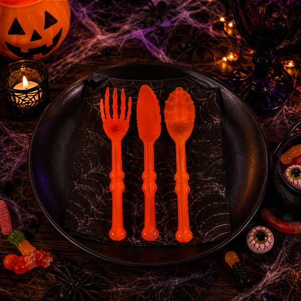 Kit Talheres com Colher, Faca e Garfo – Halloween Horripilante - Cor Laranja