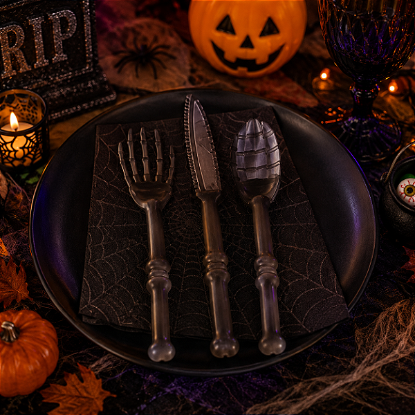 Kit Talheres com Colher, Faca e Garfo – Halloween Horripilante - Cor Preto